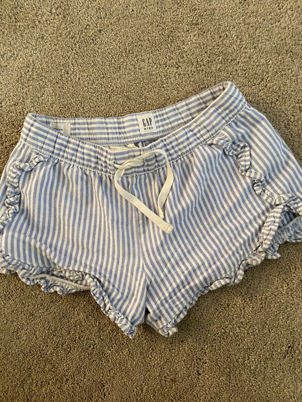 GAP Light Blue and White Striped High Waist Ruffle Shorts